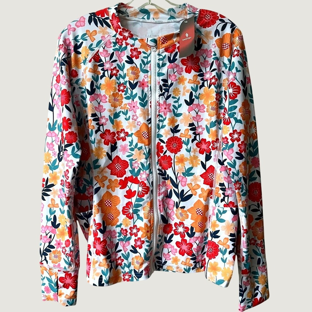 Santiny Floral Full Zip Athletic Jacket Womens Large Stretch Running Workout NWT